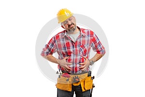 Constructor holding hands on bloated stomach