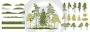 Constructor kit. Silhouettes of beautiful spruce trees, pine, other trees, grass, hill. Creation of spring beautiful park, forest