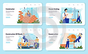 Constructor web banner or landing page set. House and road building process