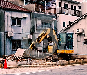 Constrution bulldozer working at construction site photo