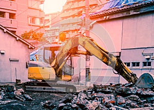 Constrution bulldozer working at construction site. photo
