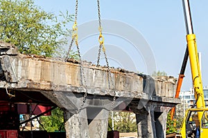 Constuction site heavy machinery industrial background. big mobile crane working at city building development. Debris