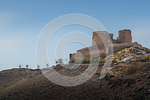 Consuegra Castle (Castle of La Muela) and Windmills at Cerro Calderico - Consuegra, Castilla-La Mancha, Spain