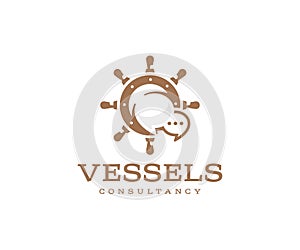 Consultancy and management services to vessels logo design. Steering hand wheel ship consulting vector design