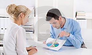 Consultant explain financial success to his customer with a graphic. photo