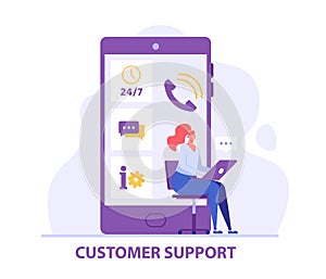 Consultant with headsets helps customers. Customer support. Concept of hotline worker, online assistant, telemarketer, customer