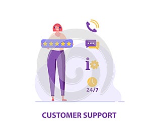 Consultant with headsets helps customers. Customer support. Concept of hotline worker, online assistant, telemarketer, customer