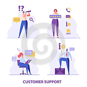 Consultant with headsets helps customers. Customer support. Concept of hotline worker, online assistant, telemarketer, customer