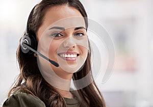 Consultant, portrait and online technical support in call center with woman in office to help or chat. Happy, agent and