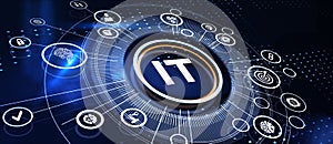 IT consultant presenting tag cloud about information technology. 3d illustration