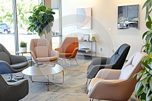 consultation area with comfy chairs and sample office setups