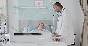 Consultation, healthcare and doctor with patient in hospital after surgery, treatment or procedure. Discussion, checkup