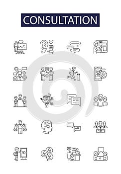 Consultation line vector icons and signs. Counsel, Assistence, Advice, Huddle, Confabulation, Support, Dialogue, Meeting