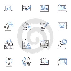 Consultation session line icons collection. Evaluation, Advice, Guidance, Discussion, Diagnosis, Assessment, Examination