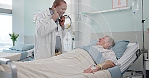 Consultation, stethoscope and doctor with patient in hospital after surgery, treatment or procedure. Discussion, checkup