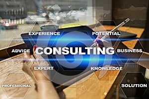 Consulting business concept. Text and icons on virtual screen