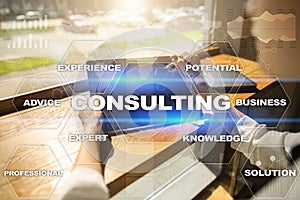 Consulting business concept. Text and icons on virtual screen