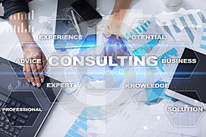 Consulting business concept. Text and icons on virtual screen.