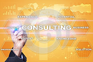 Consulting business concept. Text and icons on virtual screen.