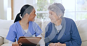Consulting, home and nurse with senior woman on sofa for medical care, support and service. Healthcare, retirement and