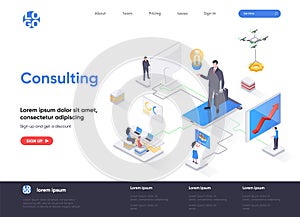Consulting isometric landing page. Competent business expertise and law assistance, financial audit and accounting