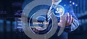 Consulting service business concept. Businessman pressing button on screen