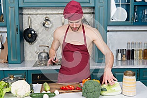 Consume only plant foods. Proud to be vegetarian. Cooking flavors of nature. Cooking healthy and tasty food. Bearded man