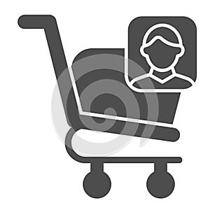 Consumer basket account glyph icon. Market trolley customer avatar. Commerce vector design concept, solid style