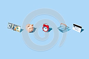 consumer concept, izometric pattern on bright light blue background.