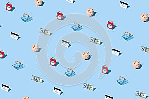 consumer concept, izometric pattern on bright light blue background.