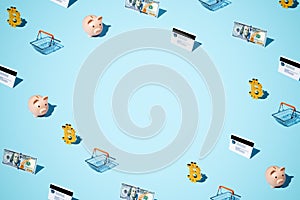 consumer concept, izometric pattern on bright light blue background.