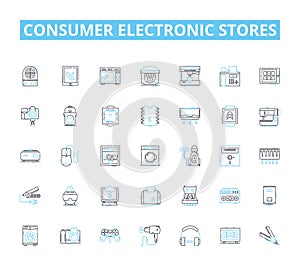 Consumer electronic stores linear icons set. Gadgets, Appliances, Smartphs, Tablets, Laptops, Cameras, Headphs line photo