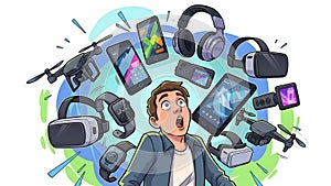 Consumer Electronics Overload Man Surrounded by Tech Gadgets