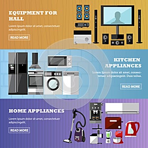 Consumer electronics store banners set. Vector illustration. Design elements in flat style. Home related devices.