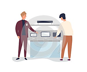 Consumer at electronics store flat vector illustration. Sales manager advertising products at promotional stall. Client