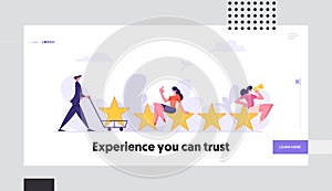 Consumer Feedback Concept Landing Page with Characters Giving 5 Stars Satisfaction Level. Rating System Customer Review