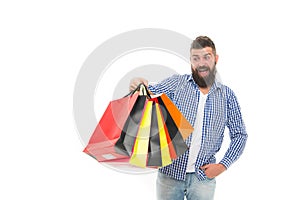 Consumer protection concept. Man happy consumer hold shopping bags. Buy and sell. Consumer protection laws ensure rights