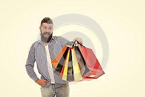 Consumer protection concept. Man happy consumer hold shopping bags. Buy and sell. Consumer protection laws ensure rights