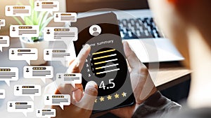 Consumer reviews concepts. Online surveys via smartphones. photo