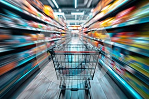 Consumer scene Blurred shopping cart in a busy supermarket department