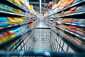 Consumer scene Blurred shopping cart in a busy supermarket department