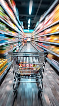 Consumer scene Blurred shopping cart in a busy supermarket department