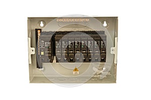 Consumer unit inside the box with automatic fuses and switchboard with circuit breakers.