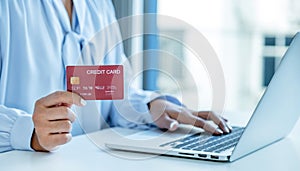 Consumer woman hand holding a mock up credit card, Ready to spending pay online finance shopping according to discount products
