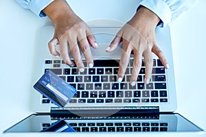 Consumer woman hand use laptop , Ready to a mock up credit card spending pay online finance shopping according to discount