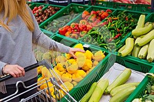 Consumerism concept. Woman doing grocery shopping at supermarket