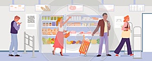 Consumers buy in supermarket, characters with phones, shopping cart and basket take food