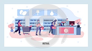 Consumers wait in a line to grocery store cashier. Retail business concept. Shopping, sale, shop interior. Vector web