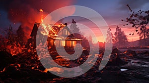 Consuming Embers: House in flames due to flowing lava at dusk.