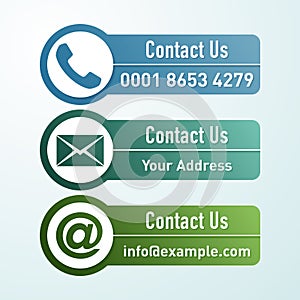 Contact buttons flat design. Phone, mail and email icons in contact us buttons. Vector graphic design elements for web design.